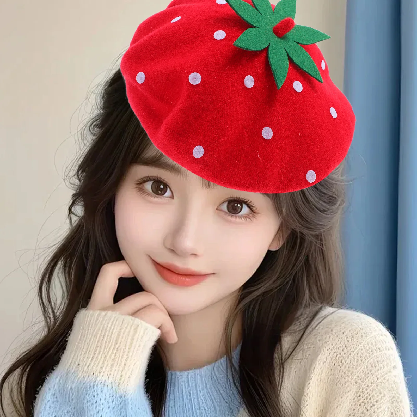 

1pcs Strawberry Beret Hat Cute Wool Blend Party Headdress For Women Girls Birthday Halloween Cosplay Fruit Theme Accessory