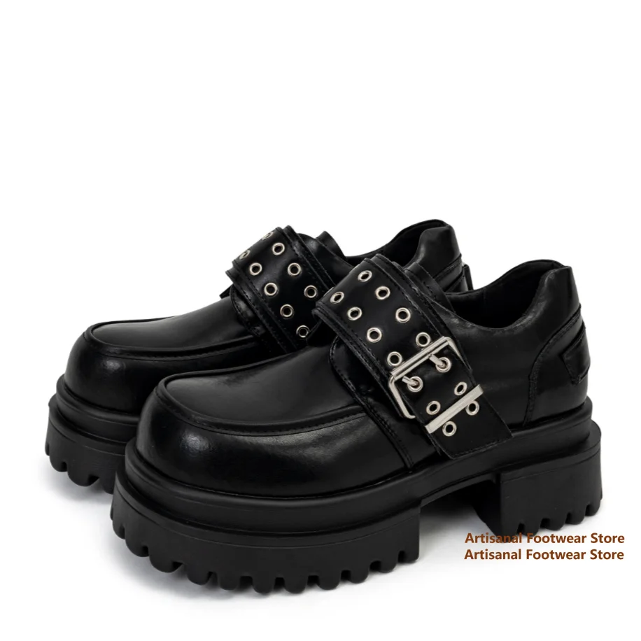 

Punk Style Rivet Buckle Strap Derby Shoes Men's Big Round Toe Thick Bottom Shoes Solid Color Height-Increasing Men's Shoes
