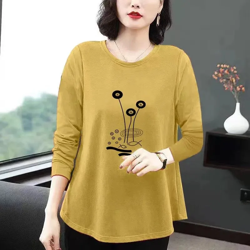 Women Mom Style Spring Autumn Round Neck Long Sleeve T Shirt Loose Swing Hem Hide Belly Daily Tops