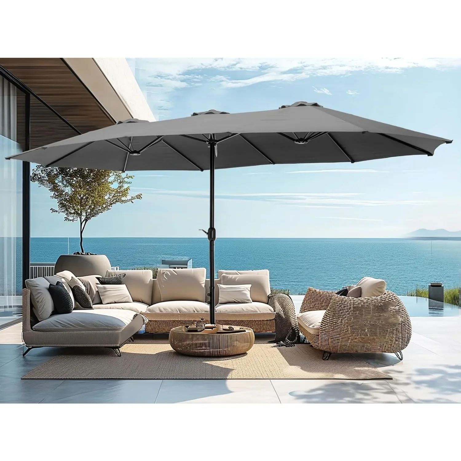 

PHI VILLA 15ft Large Patio Umbrellas with Base Outdoor Double-Sided Rectangle Market Umbrella for Pool Lawn Garden Light Gray