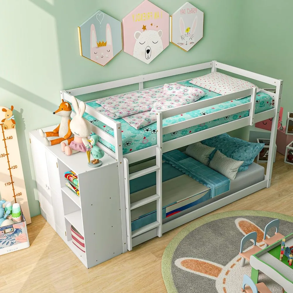 Twin Over Bed, Solid Wood Frame with Bookcase & Ladder, Storage Shelves, High Guardrails, for Kids Teens, Floor Low Bunk Beds