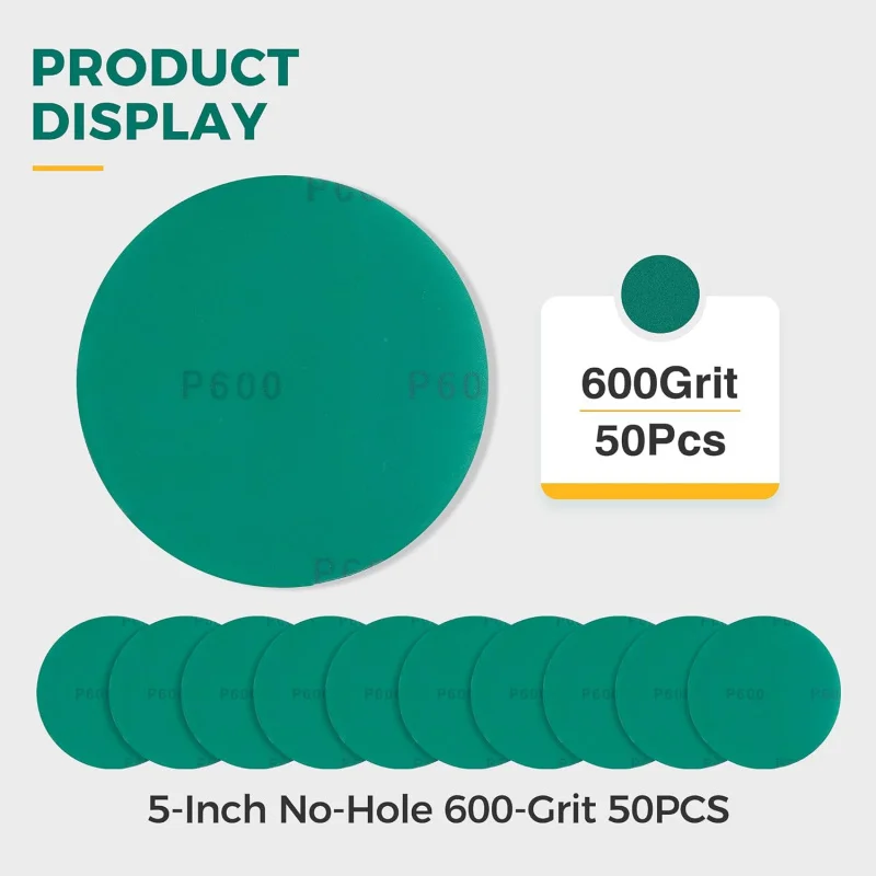 SATC 5 600 Grit Film Sandpaper 2000pcs Aluminium Discs with Hook Loop Backing 5 Inch Green Sanding Disc