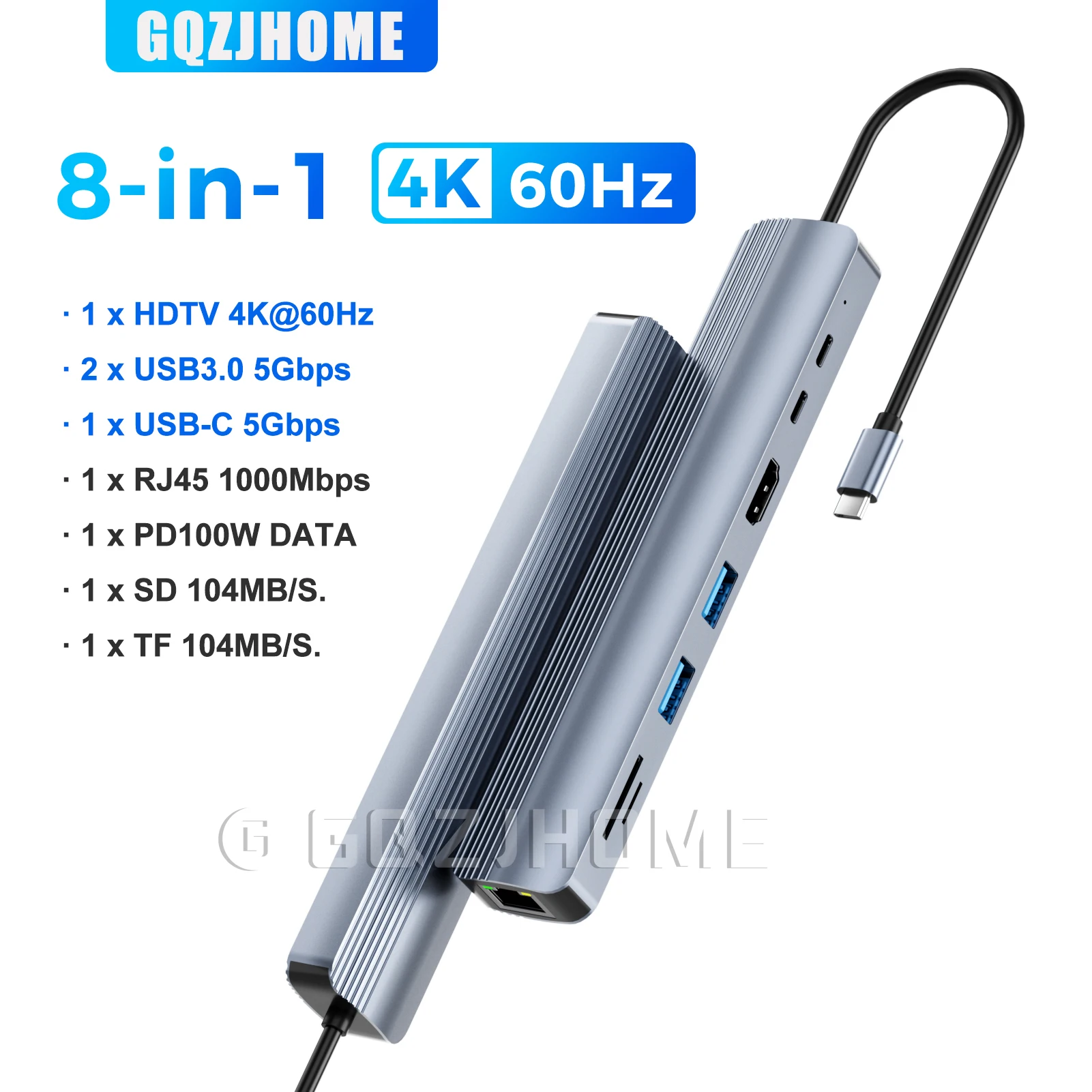 

Концентратор USB C типа C до 4K60 Гц, совместимый с HDMI, 1000 Мбит/с Ethernet SD и TF, 5 Гбит/с, USB3.0 PD100W, порт USB C DATA