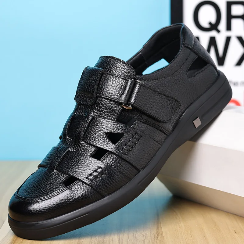 Fashion Mens Genuine Leather Sandals 2023 Summer Flat Soft Cow Leather Male Footwear Thick Sole Brand Black Casual Shoes