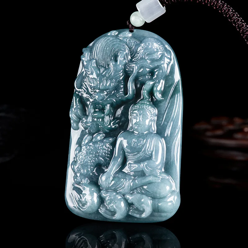 Natural Old Material A-grade Jade Blue Water Divine Dragon Buddha Brand Zodiac Ice Jadeite Pendant For Men's Charms Women's Gift