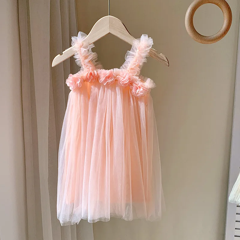 2024 New Summer Kids Girl Dress 3D Flower Sling Sweet Beauty Children\'s Mesh Solid Color Baby Girls Beach Princess Fluffy Skirt