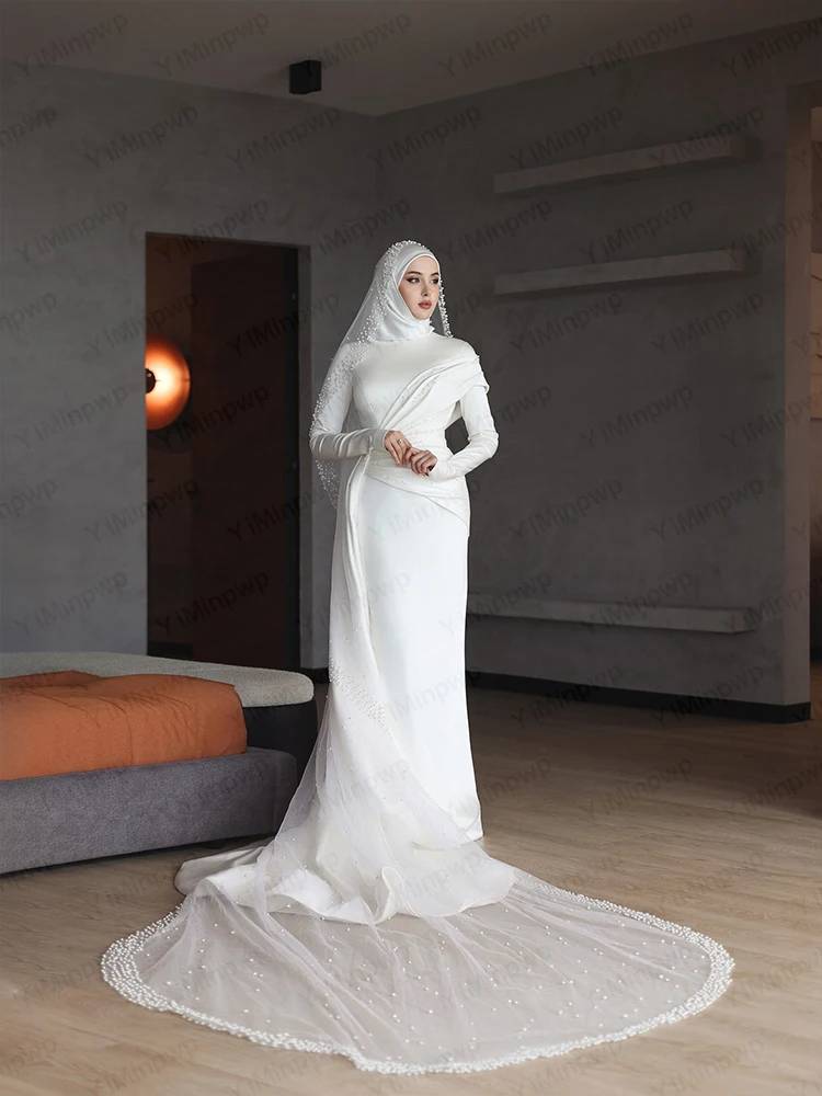 فساتين زفاف إسلامية برقبة عالية وأكمام طويلة فستان عروس حورية البحر سويب تراين شاطئ مطرز بالخرز فستان زفاف مخصص رداء دي ماري #3
