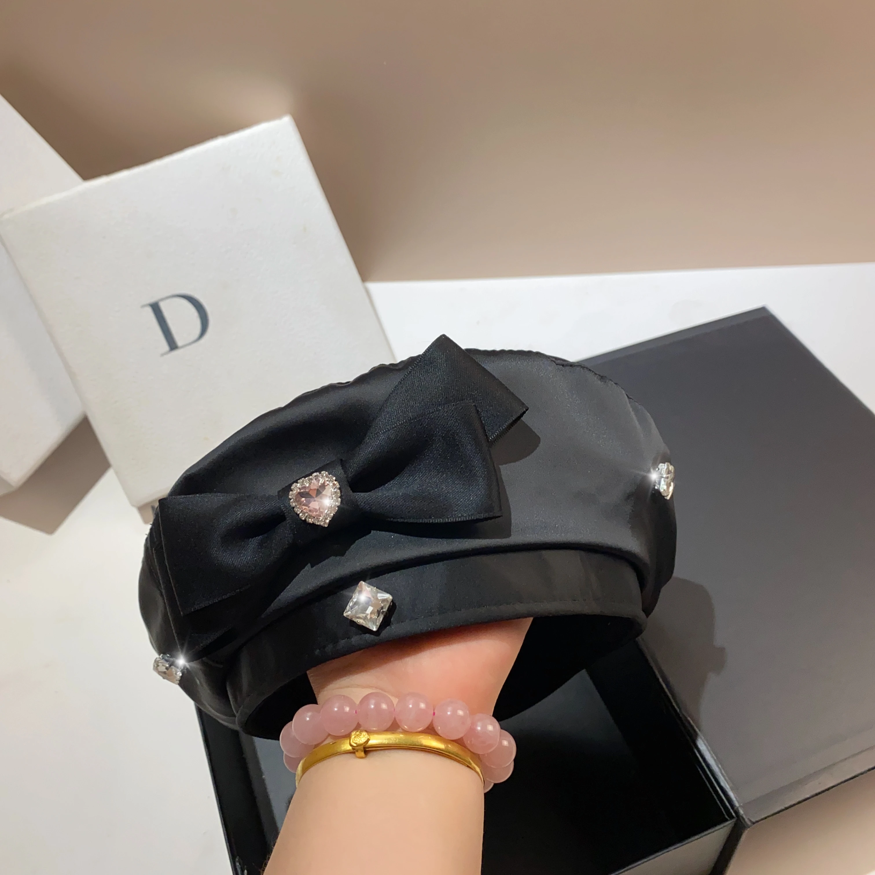 French Cute Bow Beret Acetic Acid Imitation Silk Black Painter Hat Fashion Light Luxury Rhinestone Octagonal Hat Female