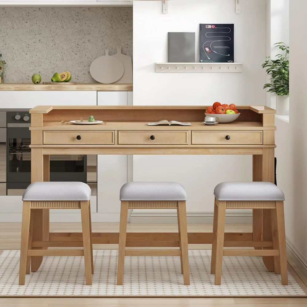 

Wood Kitchen Bar Table Set with Stools for 3 Persons 4 Piece Dining Room Table Set with Drawers and Charging Station for Small