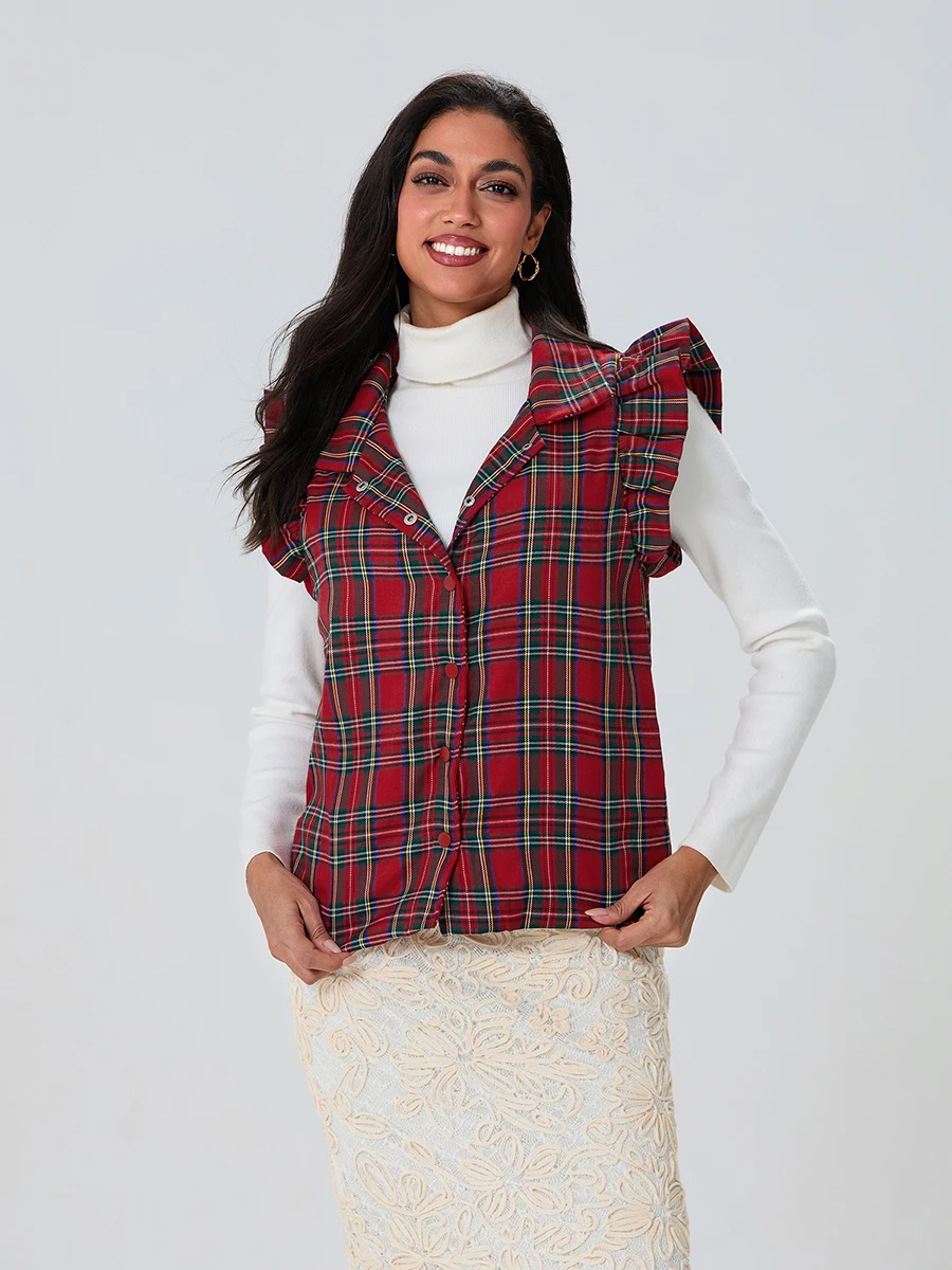 New Fashion Women Christmas Plaid Cotton Vest Turtle Neck Snap-Up Flutter Sleeve Casual Lightweight Waistcoat Hot Sale S-XL