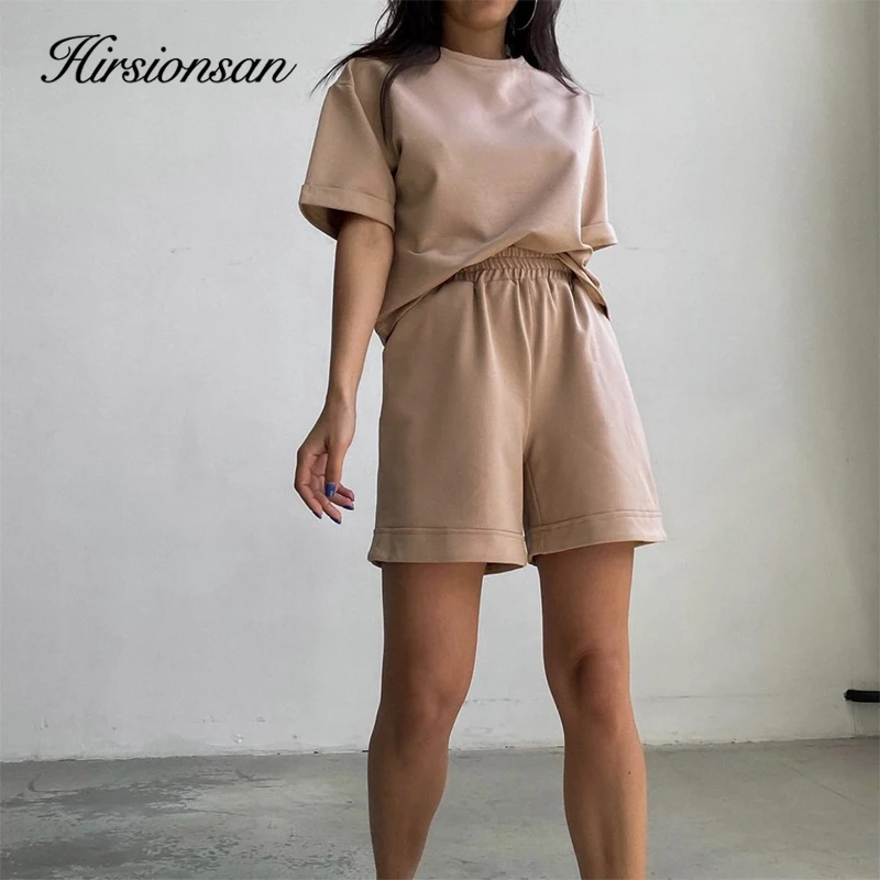 Hirsionsan letnie miękkie zestawy bawełniane damskie w stylu Basic Casual dwa kawałki t-shirty i wysokie do talii elastyczne szorty spodnie luźne