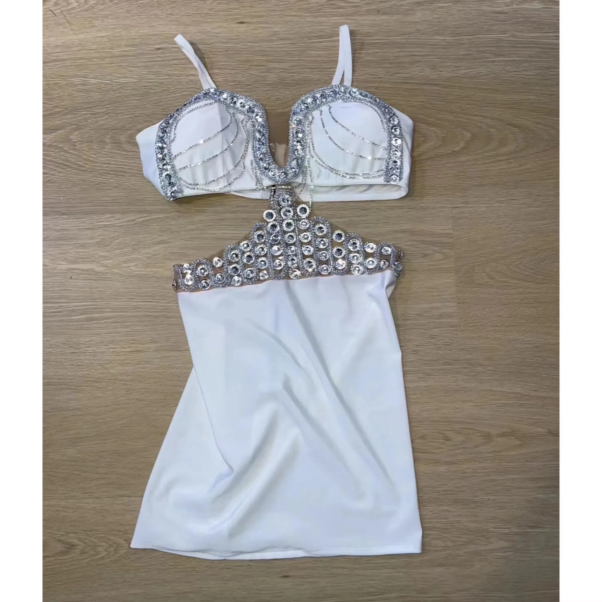 Femmes Sexy Mini robe Bar discothèque taille creuse dos nu strass chaîne robe courte fête d'anniversaire Club Concert scène Costume