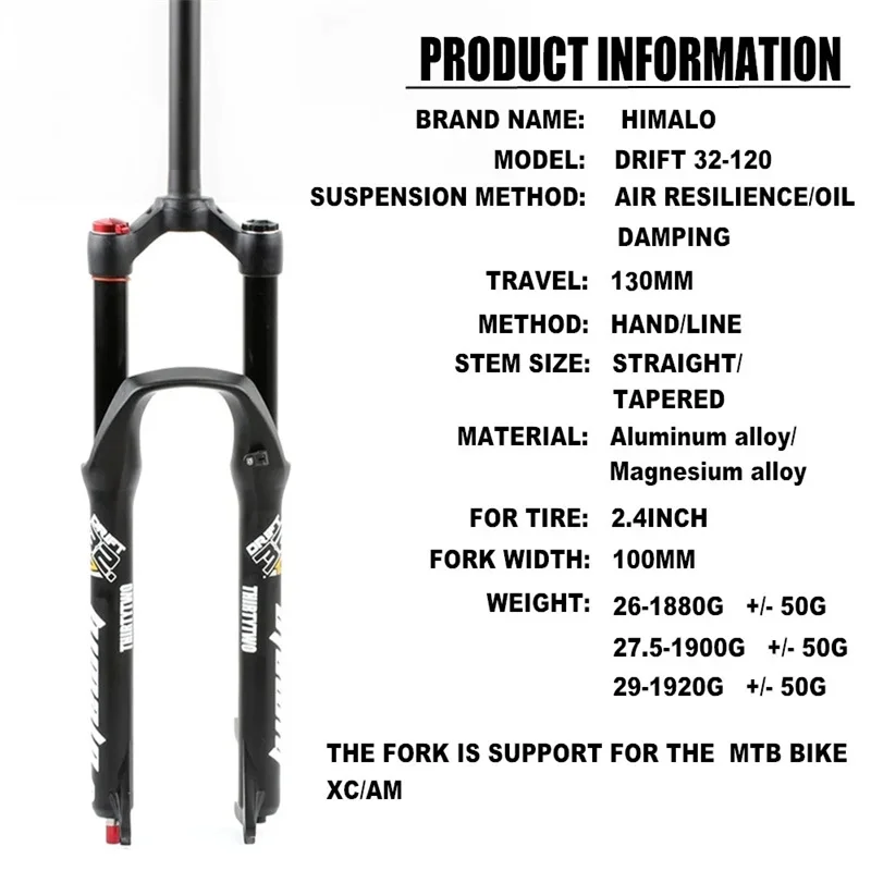 HIMALO MTB Suspension Air Fork Travel 160mm 26 27.5 29er Rebound Adjustment Quick Release QR Tapered Straight Tube Mountain bike