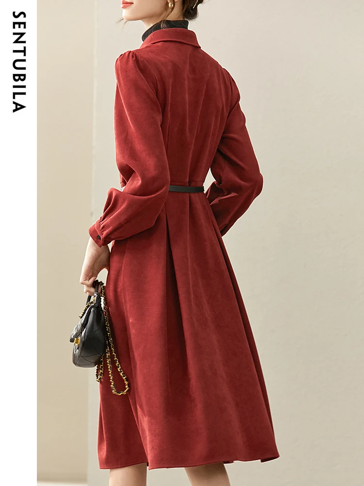 SENTUBILA Contrast Half High Collar Red Shirt Dress for Women 2024 Autumn Winter Elegant Long Sleeve Dresses With Leather Belt