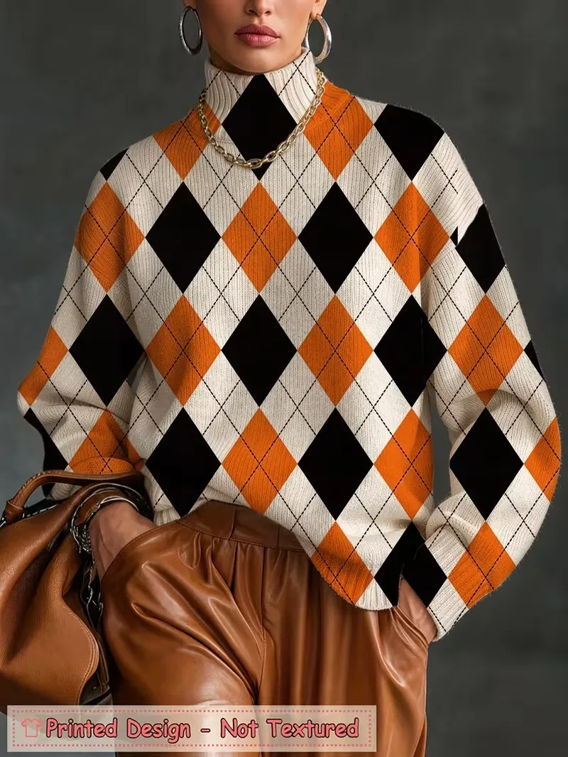 Autumn Winter Women Turtleneck Top Retro Geometric Pattern Print Long Sleeve Loose Casual Ladies Pullover Daily Wear Sweatshirt