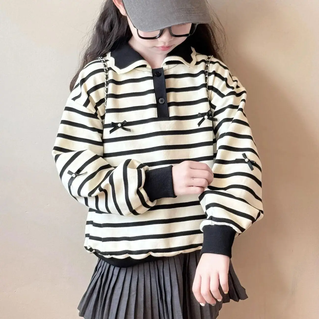

Girls Sweatshirt Spring Autumn College Style Polka Dot Long Sleeve Polo Shirt with Stripe Butterfly Knot Children's Fashion Top