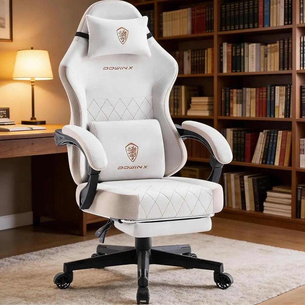 Ergonomischer Gaming-Stuhl mit Federkissen, Massage-Lendenwirbelstütze, Fußstütze, breitem gepolstertem Sitz und Armlehnen, atmungsaktivem Stoff, Re