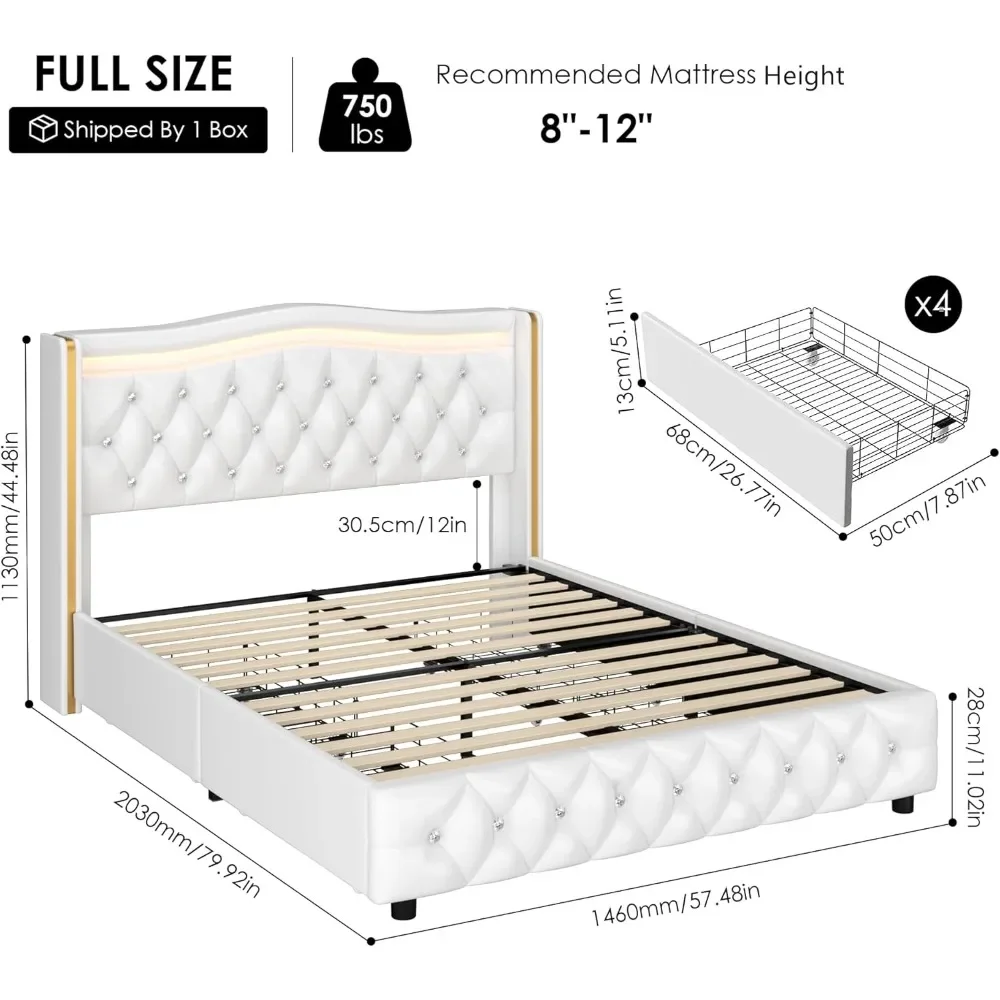 Full Smart LED Platform Bed Frame with 4 Storage Drawers,Modern PU Upholstered White /No Box Spring Needed/Easy Assembly