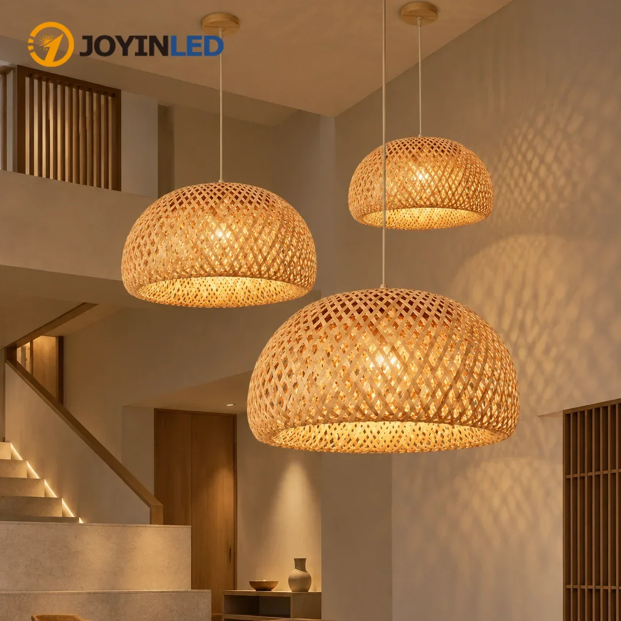 JOYINLED Bamboo Chandelier Dia 30/38/45CM Hand Woven Pendant Light Rustic Farmhouse Hanging Ceiling Fixture for Kitchen Island
