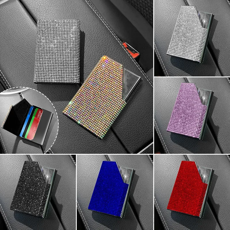 Shiny Diamond Crystal Car Business Card Case Holder 25 Capacity Beveled Card Holder Bling Car Interior Accessories for Women