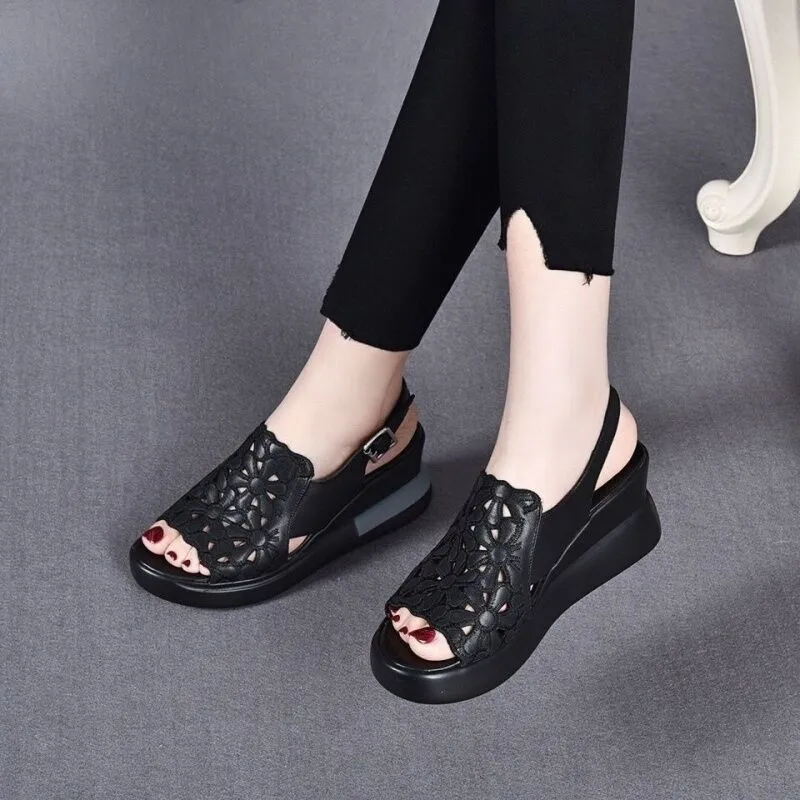 Summer Wedge Shoes for Women Sandals Open Toe Platform Hollow Flowers Retro Lady High Heel Buckle Strap Casual Female Sandalias