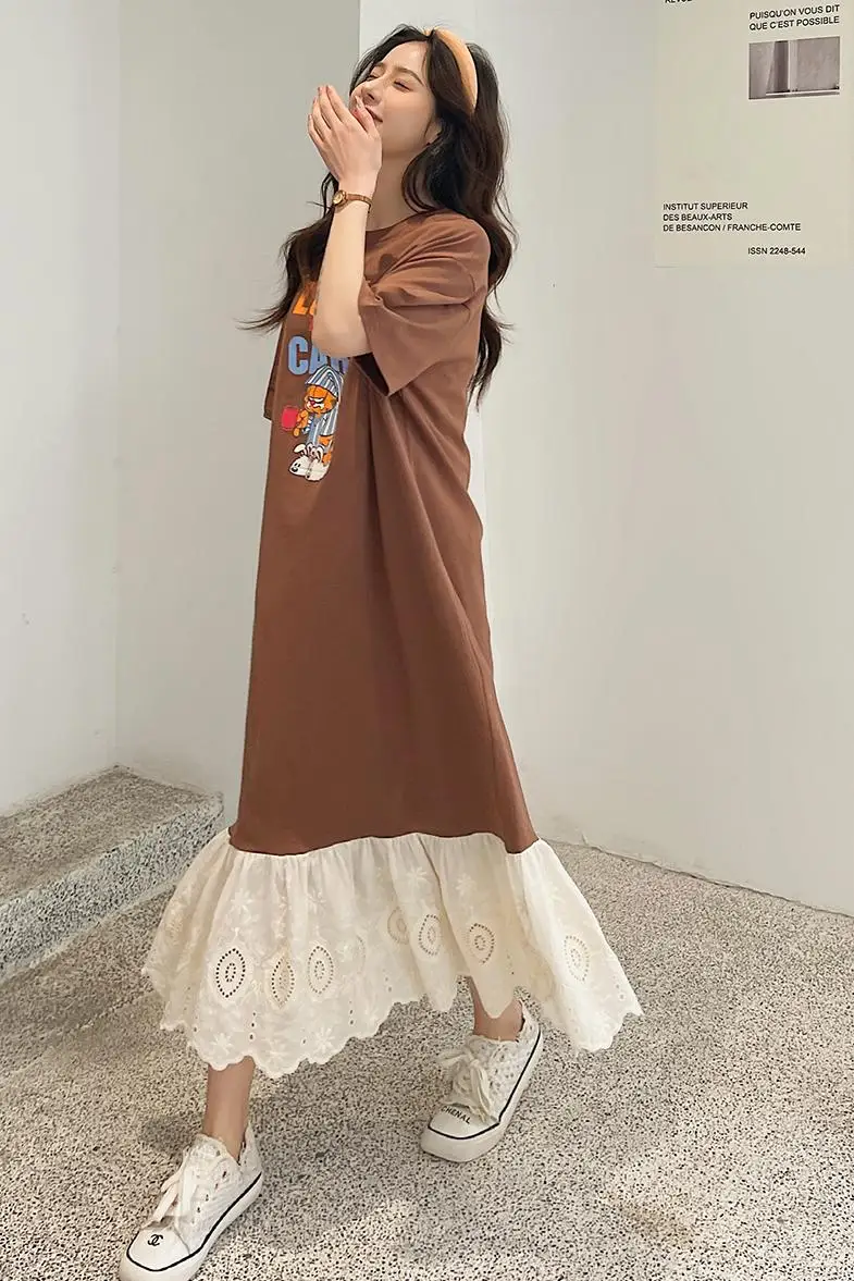 فستان نسائي فضفاض مقاس كبير تي شيرت لربيع وصيف 2025 كاجوال من قماش الجاكار المرقعة للسيدات