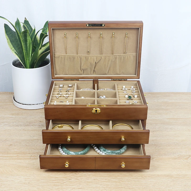 

Luxury Three Layer Wooden Jewelry Box Display Earrings Necklace Jewelry Storage Box Birthday Gift Send To Elders And Girlfriends