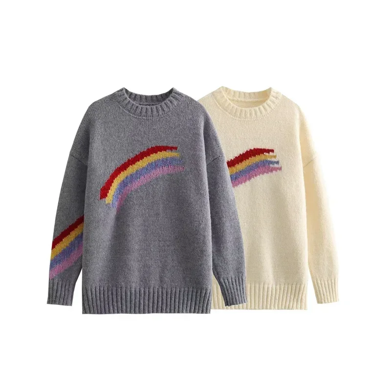 

Rainbow Pattern Pullover Sweater for Women 2024 Winter O-Neck with Ruched Knit Sweater Female Vintage Knitwear Top