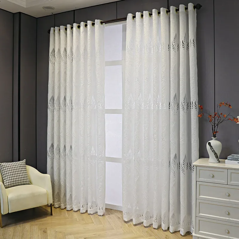 Nordic Modern Minimalist White Window Screen Curtains Hollow Leaves Cross-border Curtains for Living Dining Room Bedroom