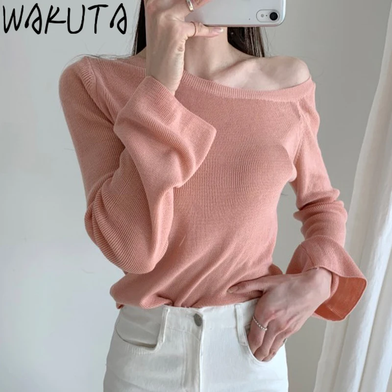 WAKUTA Elegant Sweet Canday Color Knitting Pullover Korean Street Fashion Flare Sleeve Screw Neck Thin Loose Sweaters Female