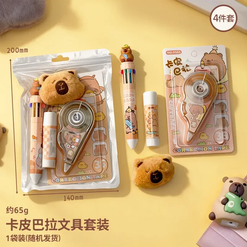4Pcs/Pack Capybara Stationery Set Cute Animal School Supplies Gift Multi Pen Correction Tape Glue Stick Plush Badge