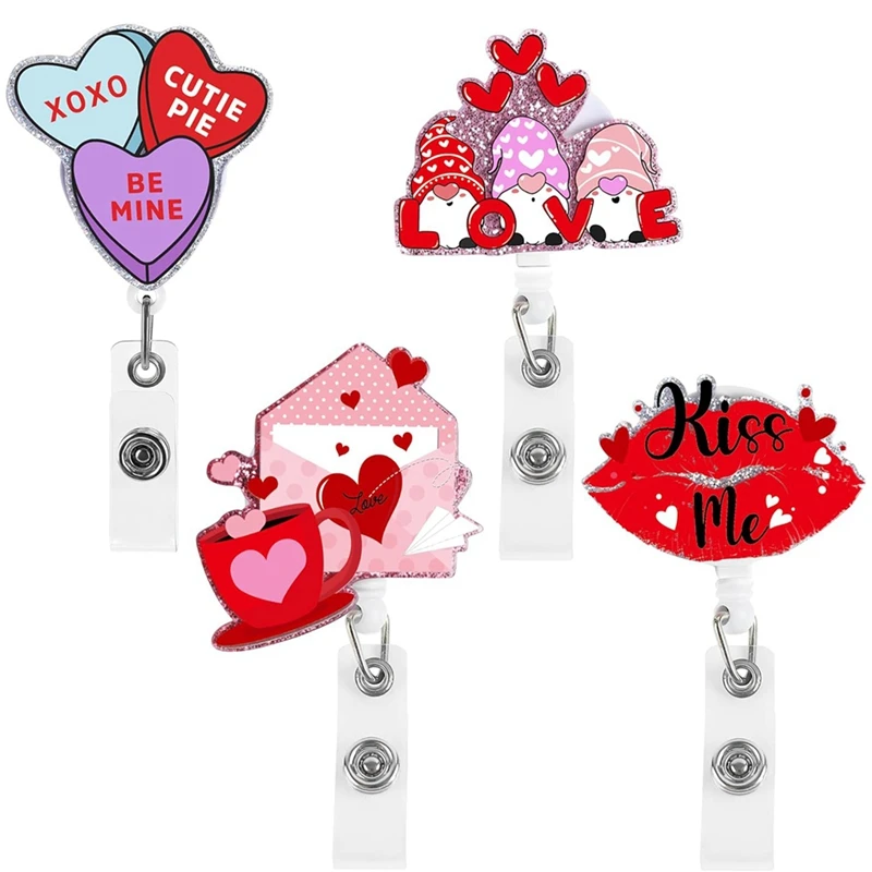 4 PCS Badge Holder Reel Clip As Shown Plastic Cute Pink Heart Pattern Id Name Card Retractable Badge Reel Clip