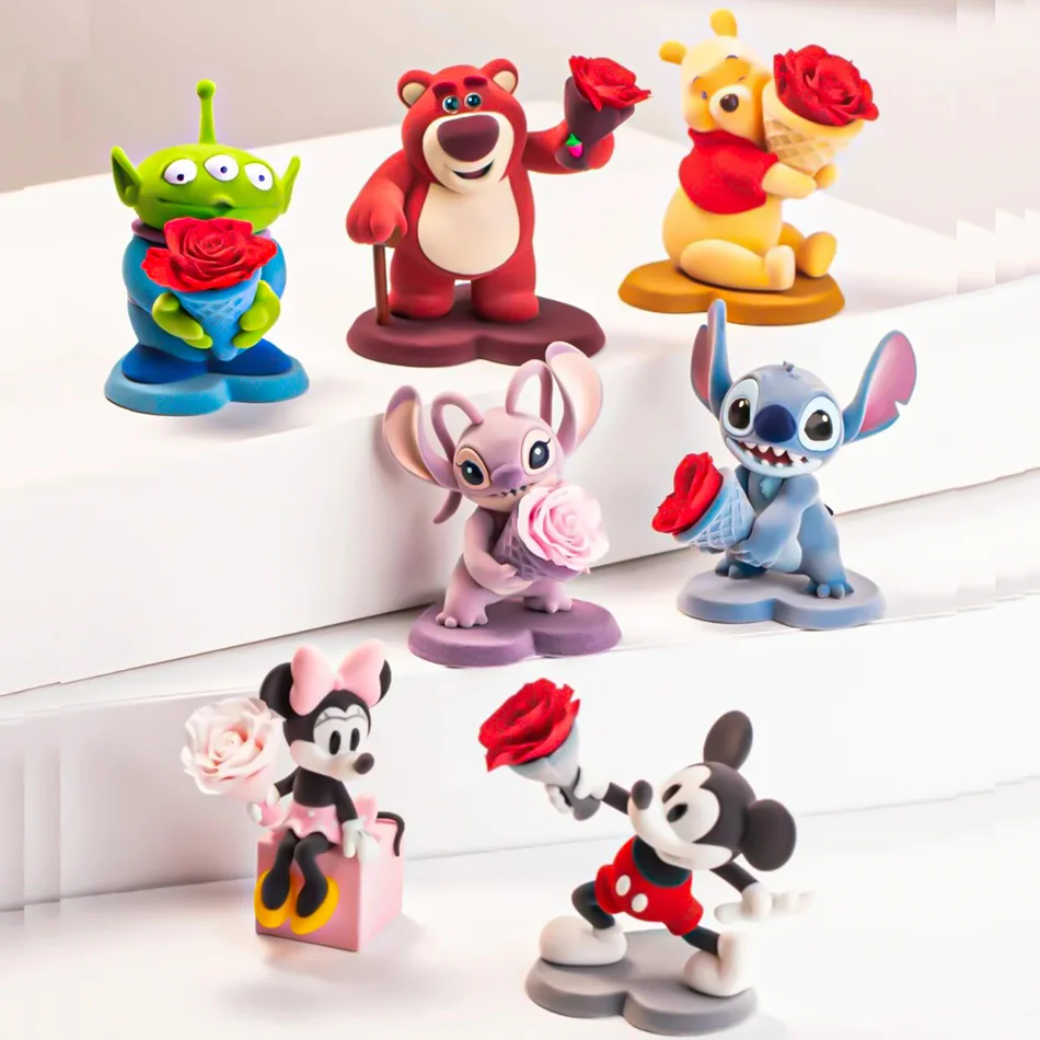 Seryjne figurki z trwałych kwiatów Stitch w stylu blind box, anime kawaii, modna ozdoba, kolekcja modeli, ręcznie robiona lalka, zabawka, tajemniczy prezent walentynkowy.