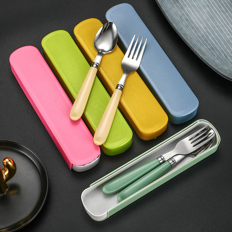 

2Pcs/Set Portable Spoon Fork Combination Travel Tableware Set Stainless Steel Dinnerware With Box For Kid School Cutlery