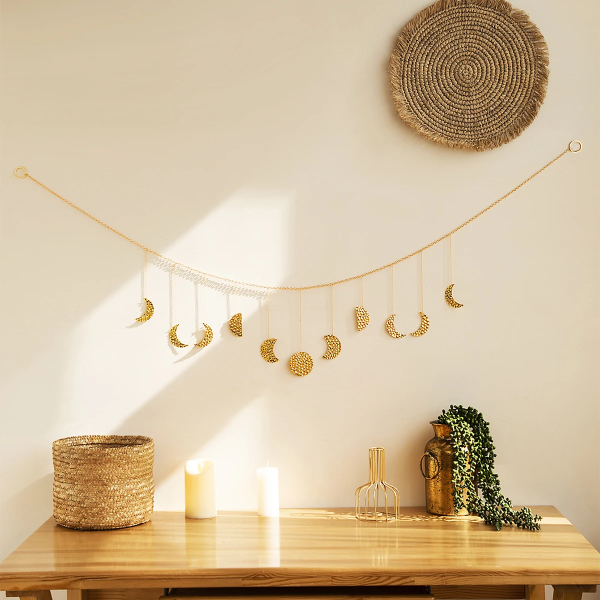 Złoty Metal Moon Garland ściana do powieszenia w stylu Boho Home Decor dekoracyjne ściany sztuki do mieszkania akademik biuro przedszkole salon