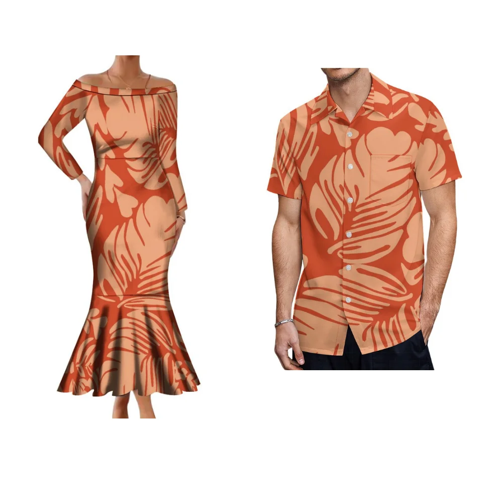 Samoan Couple Suit Custom Polynesian Women'S Off-The-Shoulder Dress Elegant Banquet High Quality Slim-Fit Fishtail Dress