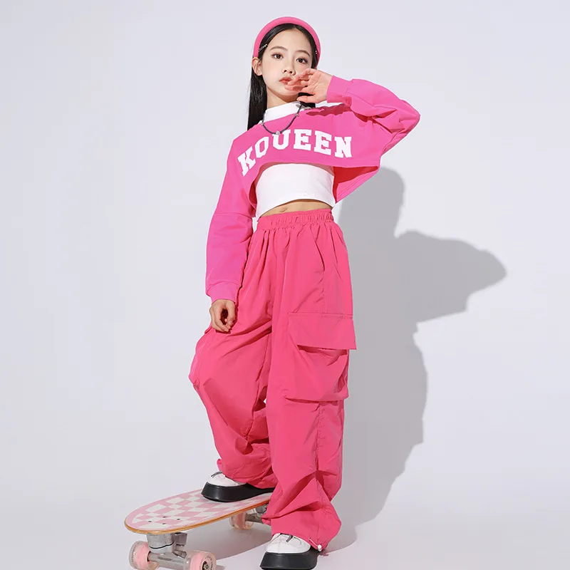Girls Jazz Dance Outfit Set Hip Hop Girls Korean Style Pink Crop Top Kids Trendy Stage Performance Daily Practice Soft Dancewear view 3