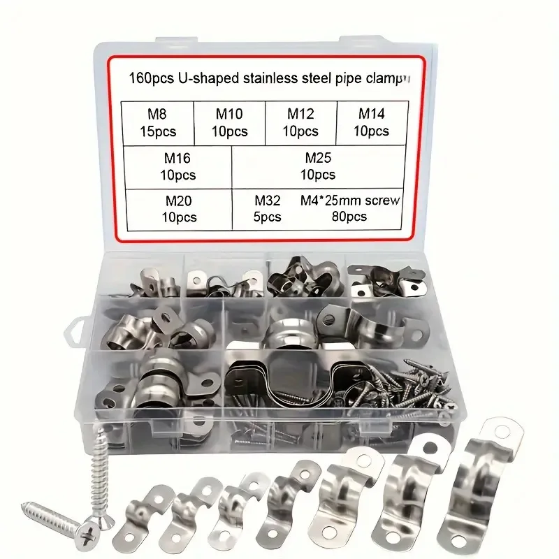 160Pcs Stainless Steel U-Shape Pipe Clamp U-Bolt Saddle Fastener Metal Cable Clip for Plumbing And Electrical Wiring