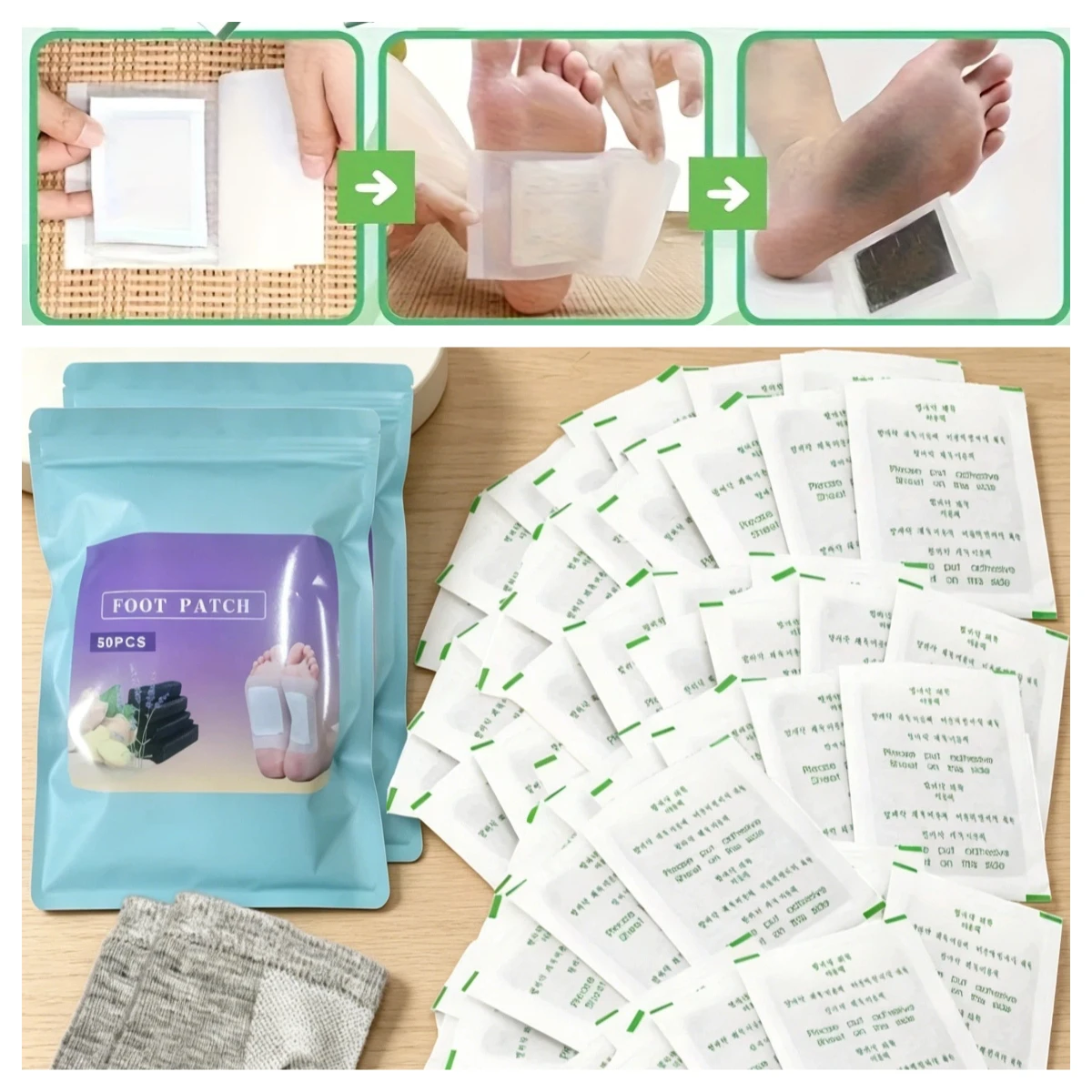 

Foot Care Set, 50pcs/ 100pcs Foot Patches and 2pcs Open Toe Moisturizing Gel Heel Socks, Foot Care Pads