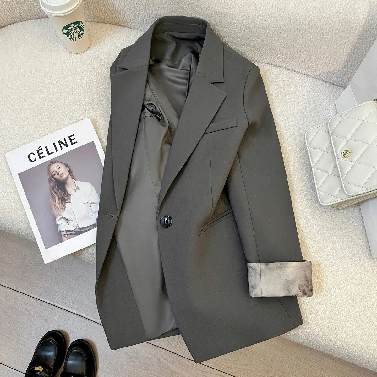 Grey Vintage Blazer Women Outerwear 2026 Spring Autumn New Cuffs Unique Design Temperament Suit Jacket Ladies Office Blazer Tops