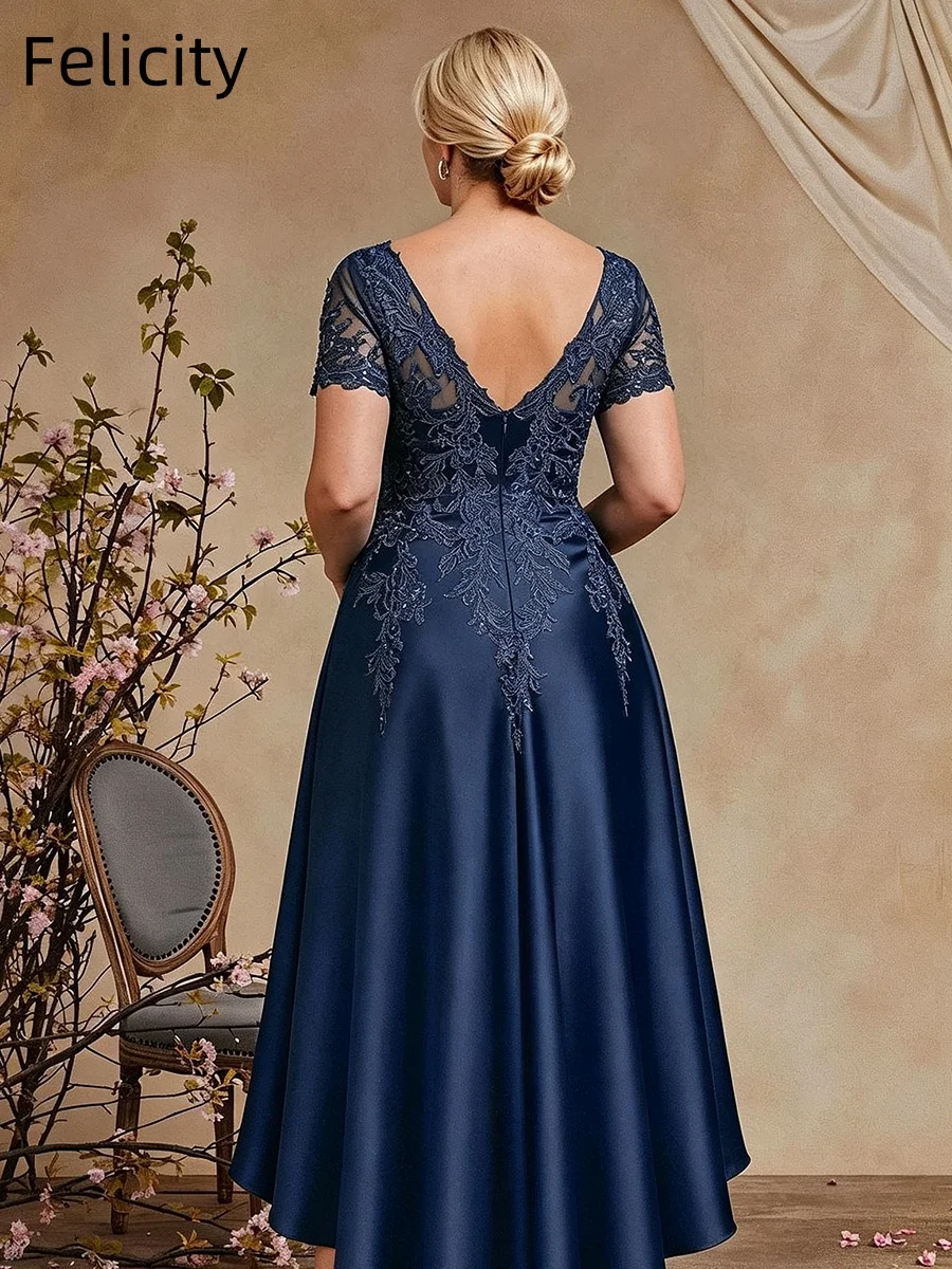 Plus Size Satin Mother of the Bride Dresses 2026 Applique Formal Wedding Guest Dress Short Sleeves Evening Party Gown Custom