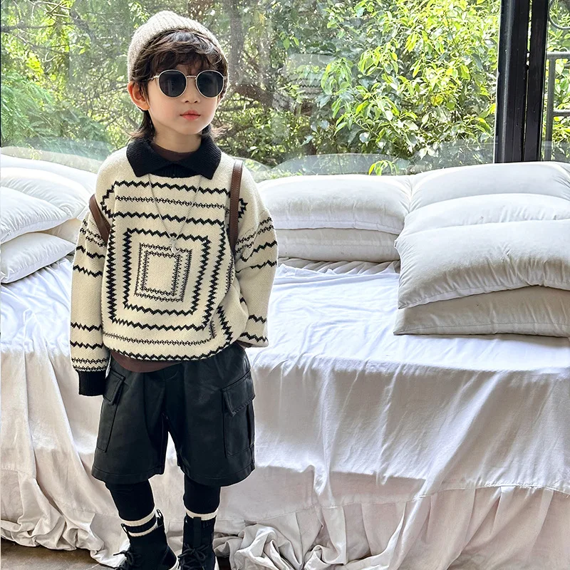 Ins Children Boys Sweater UNITIM Autumn Winter Toddler Kids Boys Polo Collar Knitwear Retro Thicken Warm 2-8Y Boys Pullovers 2