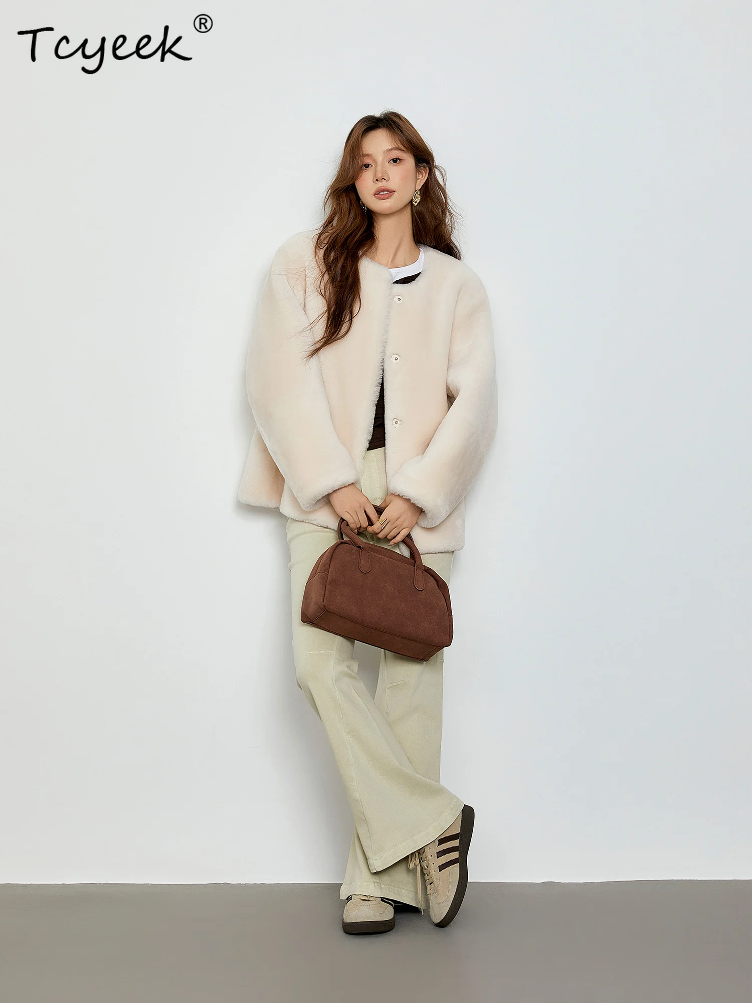 Tcyeek Vera Lana Autunno Inverno High End Pelliccia Integrata Girocollo Tinta Unita Breve Cappotto di Lana di Agnello da Donna Fourrures Femme