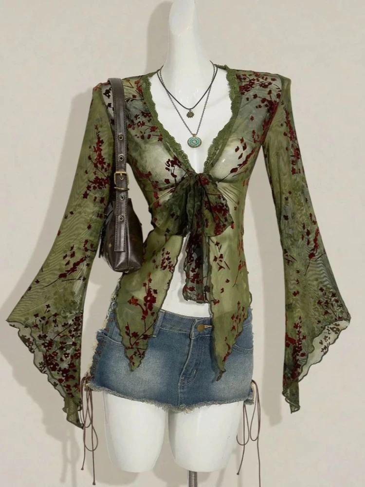 Vintage Oil-Painting Floral Print Sheer Mesh Blouse Women V-Neck Lace Trim Tie Front Flare Long Sleeve Beach Vacation Daily Wear