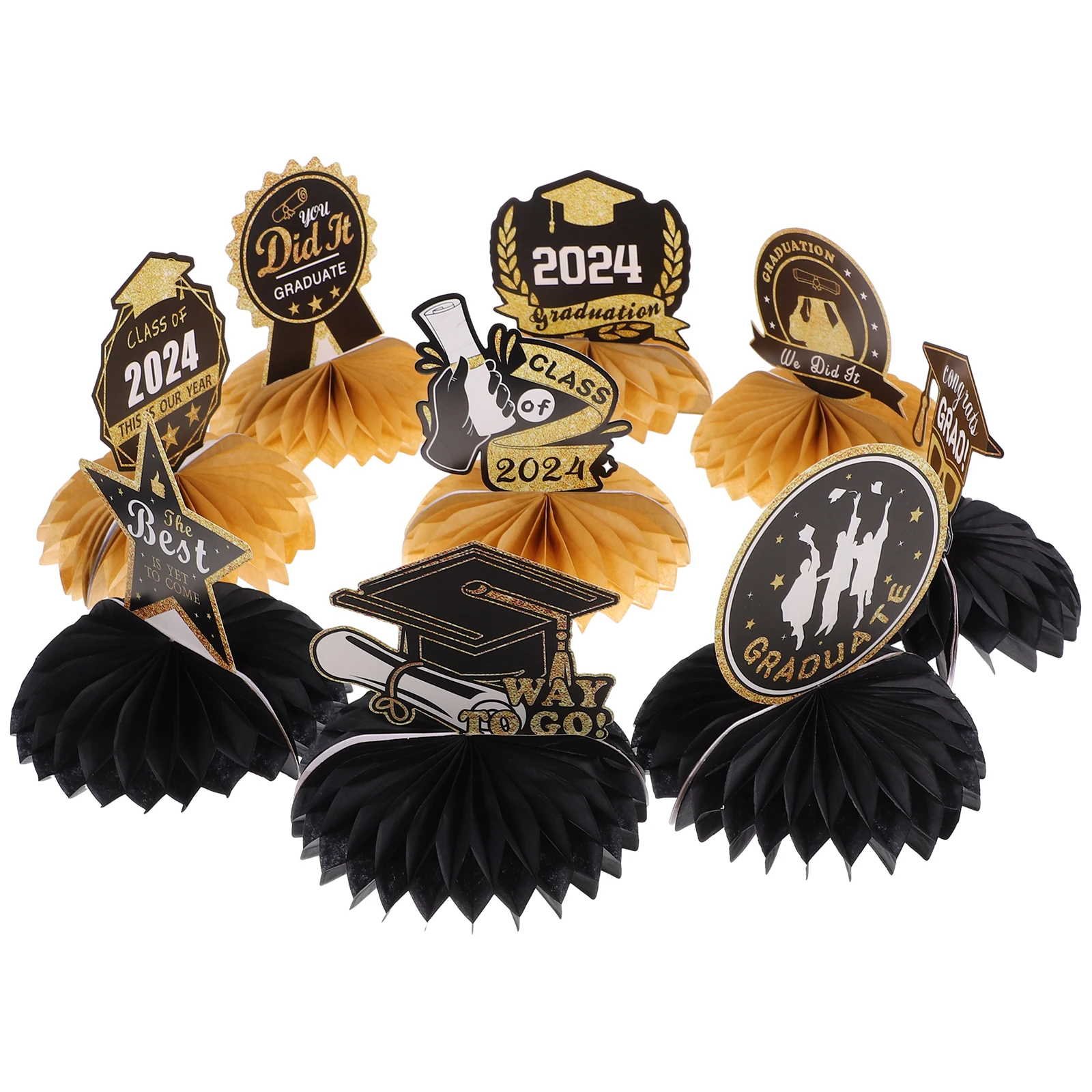 

9 Pcs Golden Graduation Honeycomb Decorations Class of 2024 Party Table Centerpieces Photo Props Stable Paper Balls Display