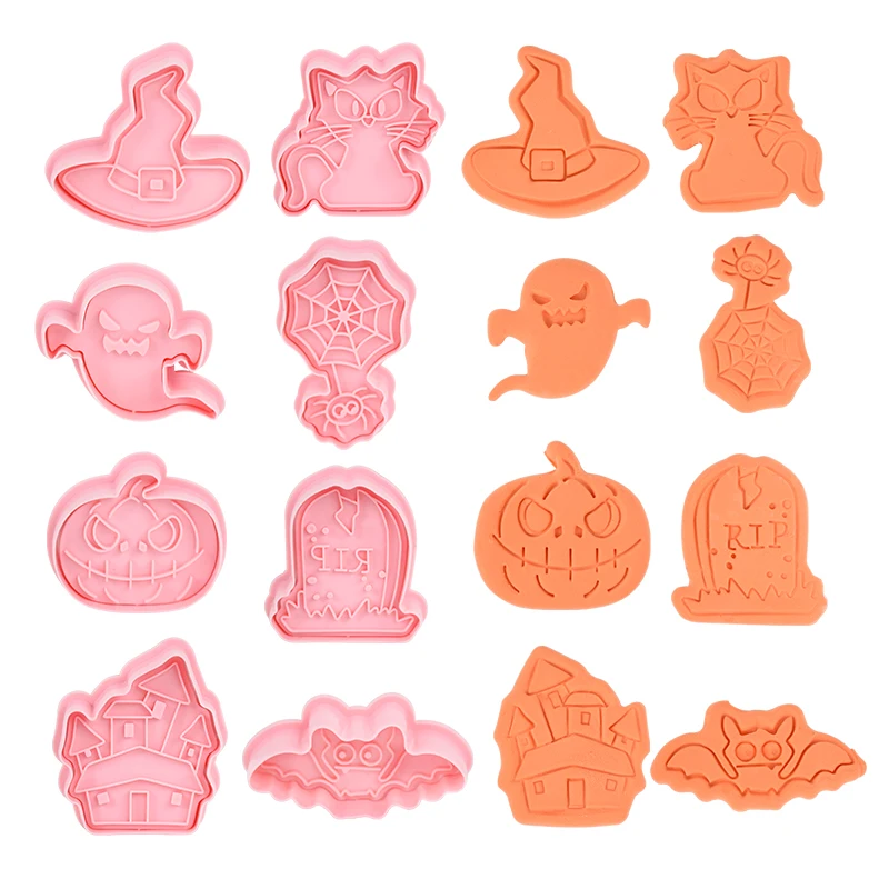 8Pcs Halloween Cookie Cutters Cartoon Pumpkin Ghost Cat Pressable Biscuit Stamp Mold Halloween DIY Baking Cake Decorating Tools