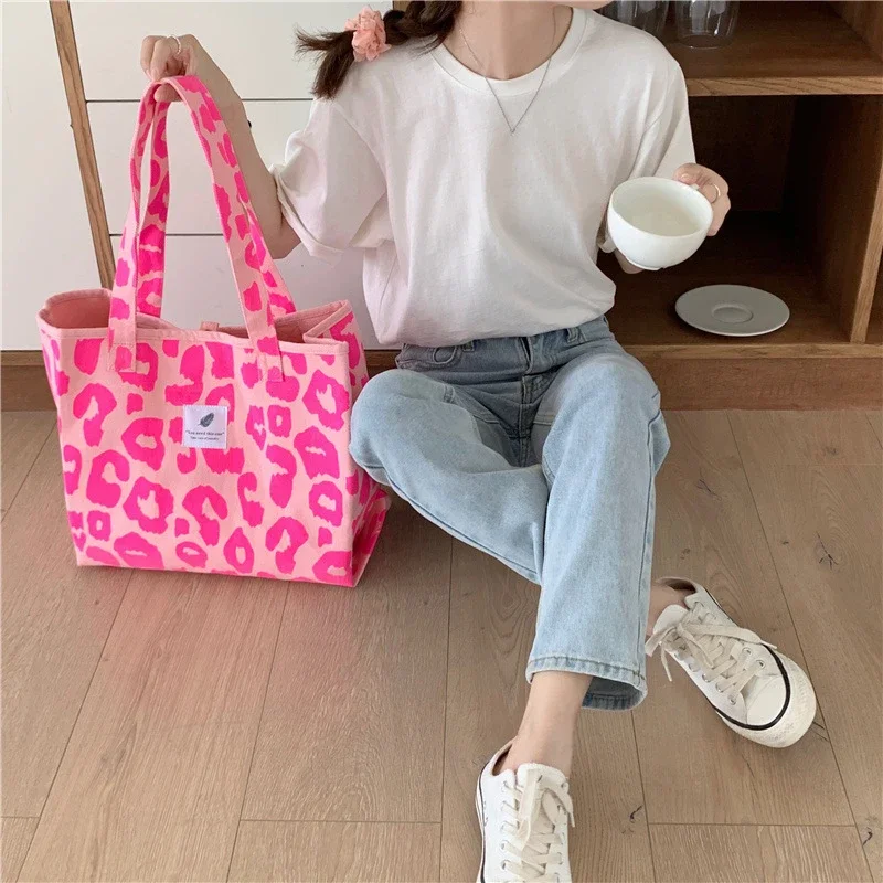 New Fashion Pink Leopard Print Women Handbag Large Capacity Single Shoulder Bag Portable Shopping Bag Student Book Bag Tote
