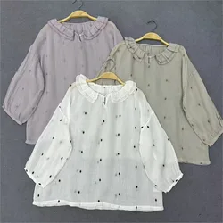 Johnature 2024 Summer New Embroidered Ruffle Collar Shirts Women Casual Ramie Loose Versatile Thin Vintage Tops