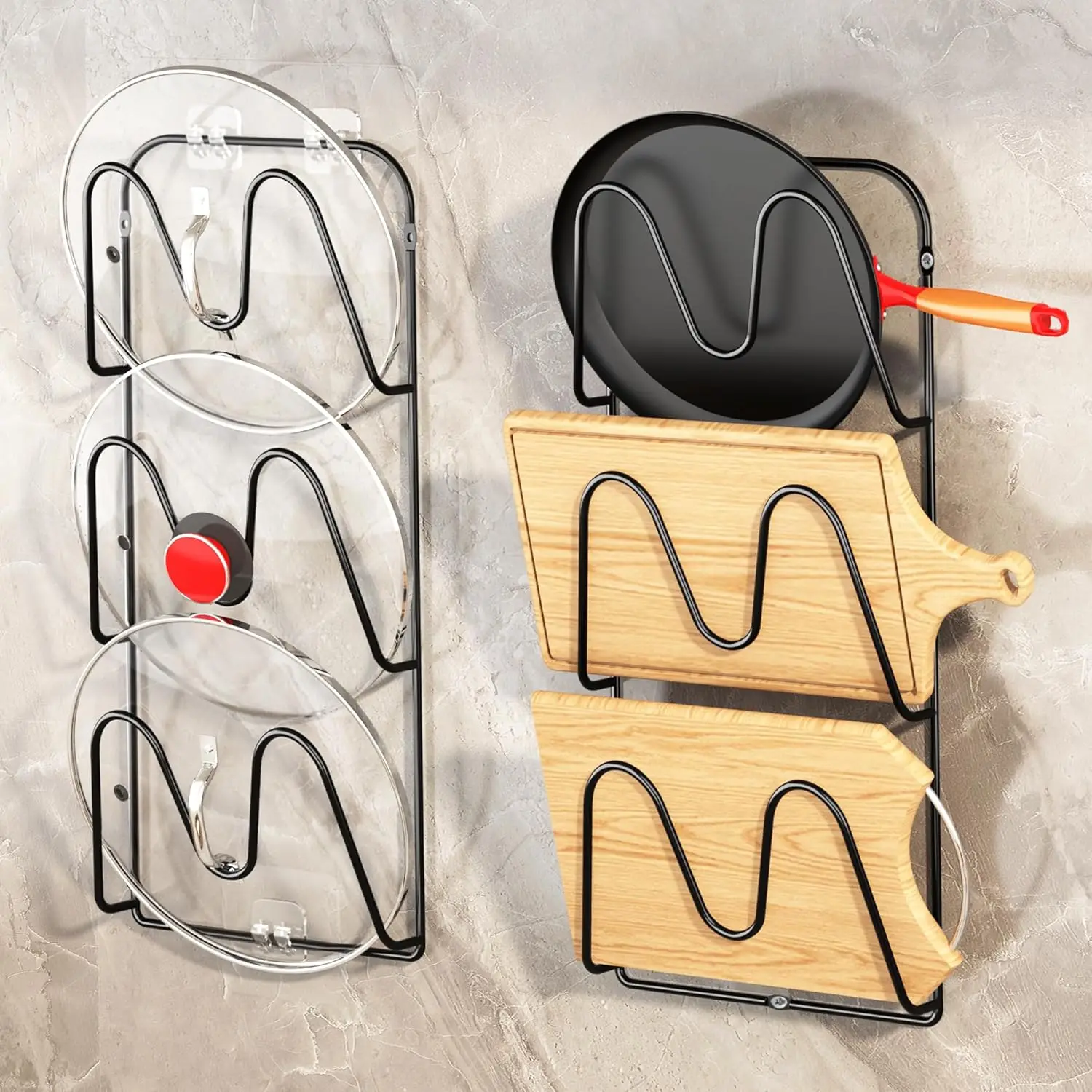 

2 Pack Pot-Lid-Organizer, 6-Tier Pots and Pans Lid Organizer Under Cabinet, No Drilling, Rustproof, Lid-Organizers-Inside-Cabine