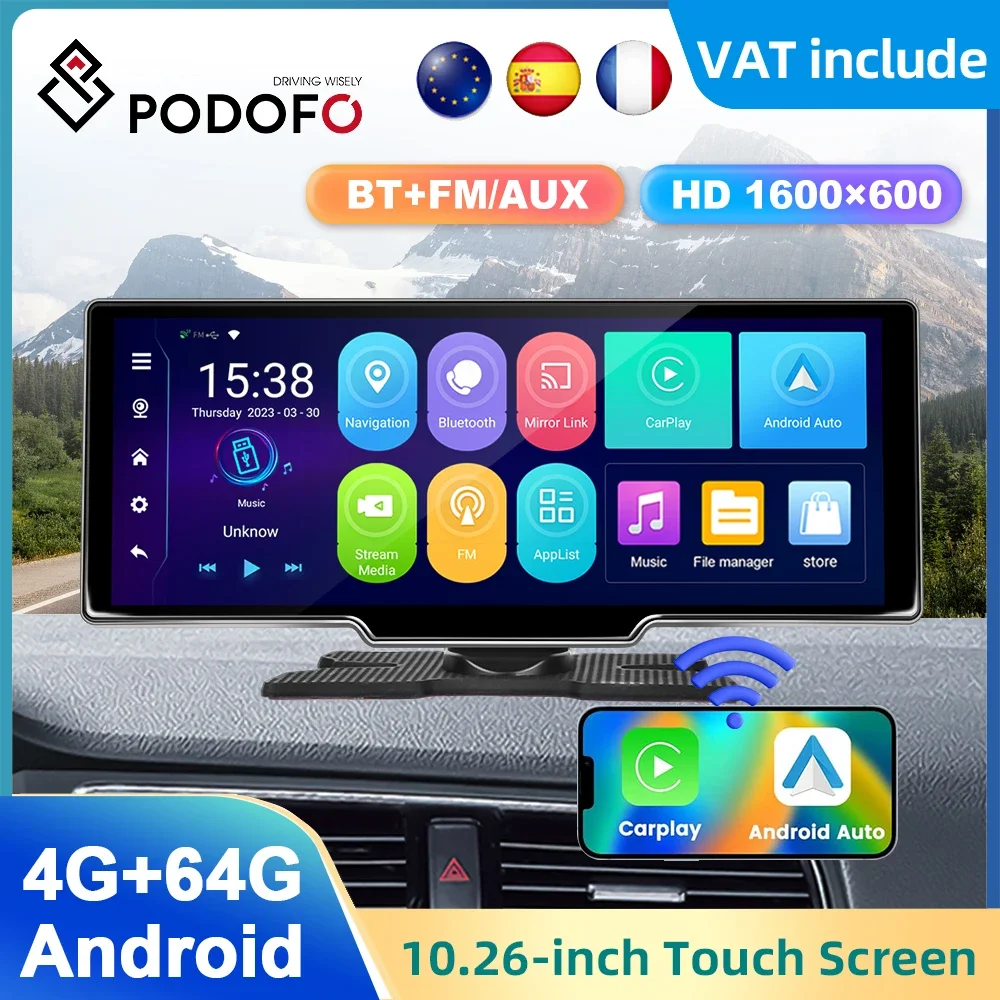 Podofo 10.26inch 4+64G Carplay Andnoid Monitor Carplay Android auto Screen WIFI Bluetooth FM Suppport Rear Camera For Car